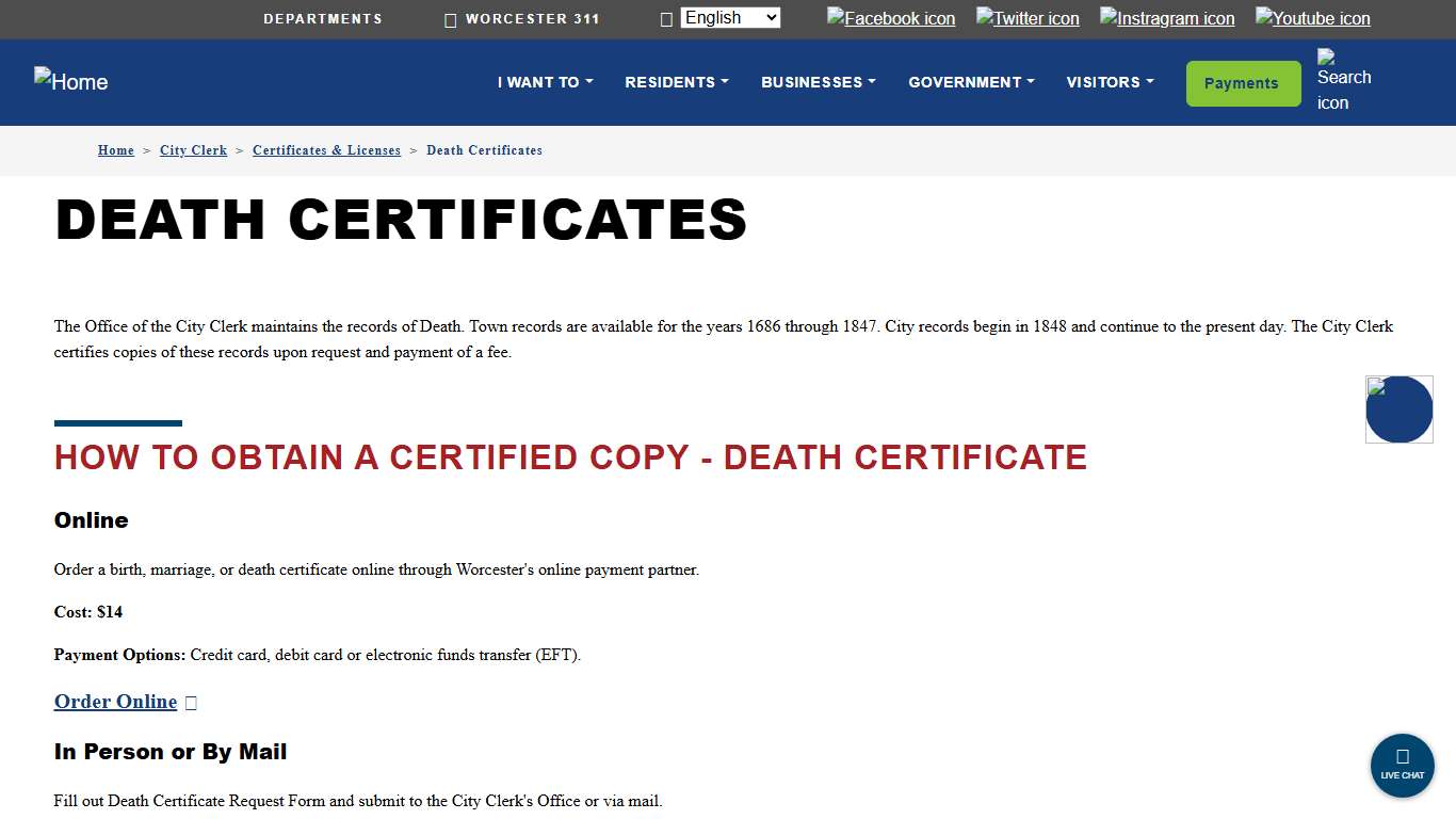 Death Certificates City of Worcester