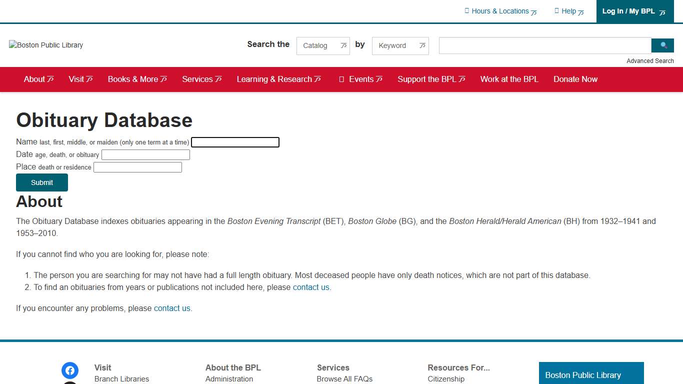 Obituary Database Boston Public Library